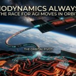 The Heat Wall: Why the Race for AGI Will Be Won in Orbit, "Cinematic visual illustrating the AI Heat Wall. A Starship-style AI satellite in orbit rejects waste heat into space, connected by a data cable to an overheated terrestrial data center on Earth below, symbolizing the inevitable shift to orbital AGI computing.