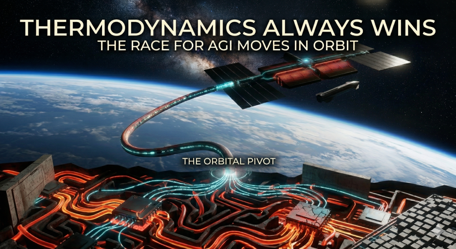The Heat Wall: Why the Race for AGI Will Be Won in Orbit, "Cinematic visual illustrating the AI Heat Wall. A Starship-style AI satellite in orbit rejects waste heat into space, connected by a data cable to an overheated terrestrial data center on Earth below, symbolizing the inevitable shift to orbital AGI computing.