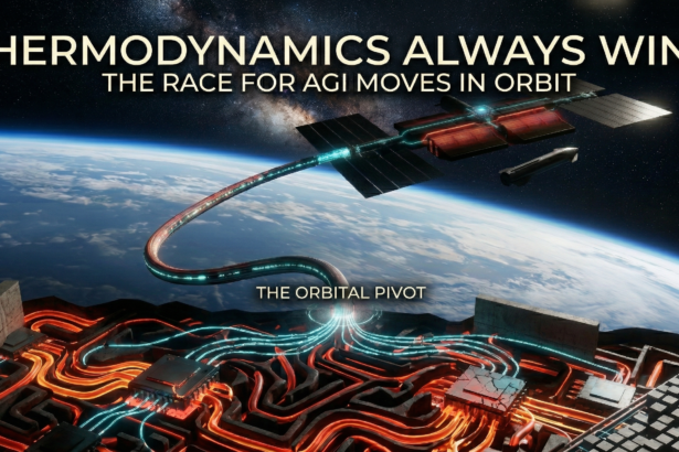 The Heat Wall: Why the Race for AGI Will Be Won in Orbit, "Cinematic visual illustrating the AI Heat Wall. A Starship-style AI satellite in orbit rejects waste heat into space, connected by a data cable to an overheated terrestrial data center on Earth below, symbolizing the inevitable shift to orbital AGI computing.
